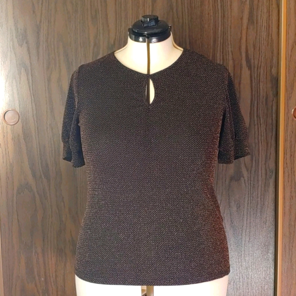 Chocolate Brown Shimmer Keyhole Top w/Puff Sleeves